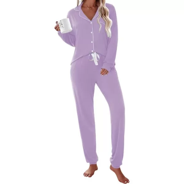 Ekouaer Pajamas Set Long Sleeve Sleepwear Womens Button Down Nightwear Soft Pj Loungewear Sets with PocketsLilac