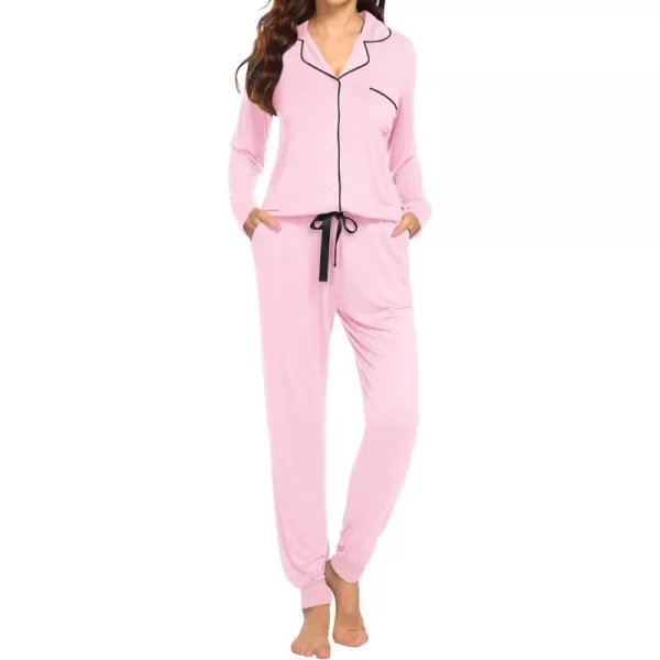 Ekouaer Pajamas Set Long Sleeve Sleepwear Womens Button Down Nightwear Soft Pj Loungewear Sets with PocketsPink