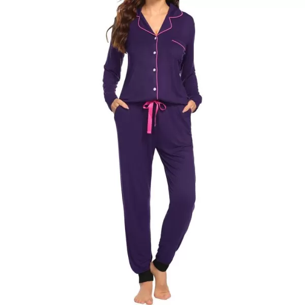 Ekouaer Pajamas Set Long Sleeve Sleepwear Womens Button Down Nightwear Soft Pj Loungewear Sets with PocketsPurple