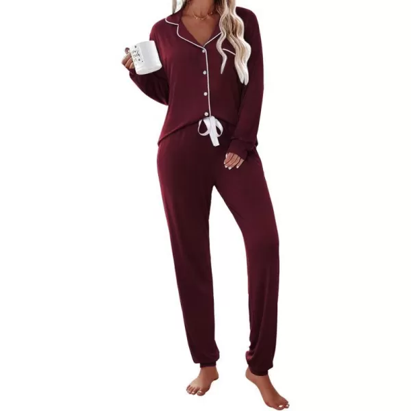 Ekouaer Pajamas Set Long Sleeve Sleepwear Womens Button Down Nightwear Soft Pj Loungewear Sets with PocketsWine Red