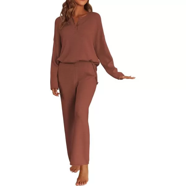 Ekouaer Pajamas Set Women Long Sleeve 2 Piece Outfits Knit Sweater Slouchy Button Sleepwear Sets with Wide Leg PantsBrown