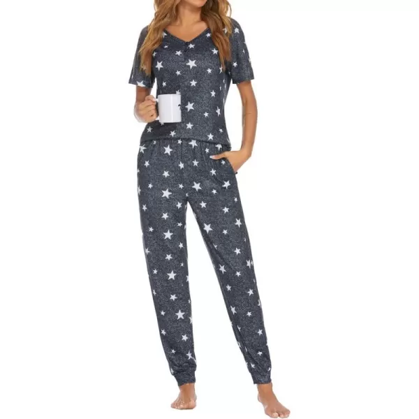 Ekouaer Pajamas Set Womens 2 Piece Lounge Set Short Sleeve Pjs Joggers Pants Sleepwear with Pockets01 Pattern6grey Stars