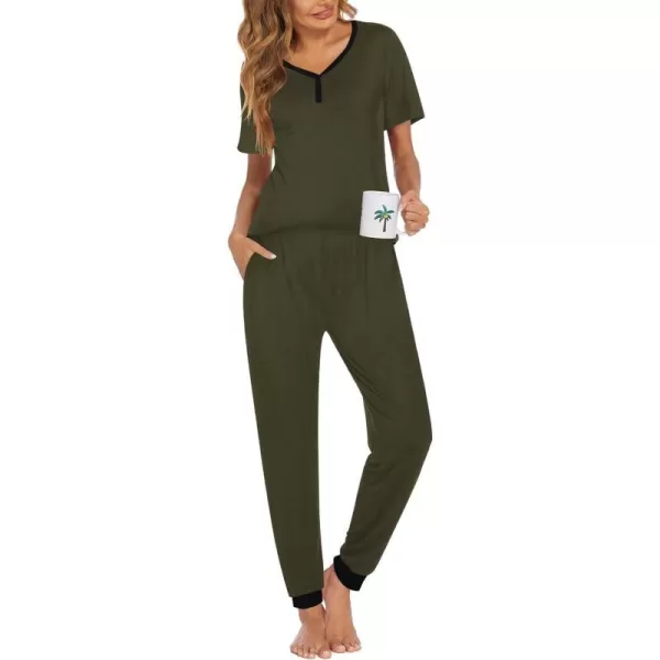 Ekouaer Pajamas Set Womens 2 Piece Lounge Set Short Sleeve Pjs Joggers Pants Sleepwear with PocketsArmy Green