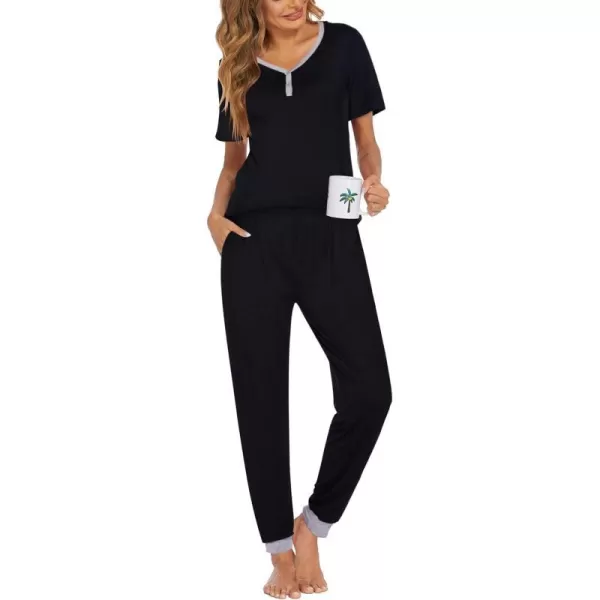 Ekouaer Pajamas Set Womens 2 Piece Lounge Set Short Sleeve Pjs Joggers Pants Sleepwear with PocketsBlack