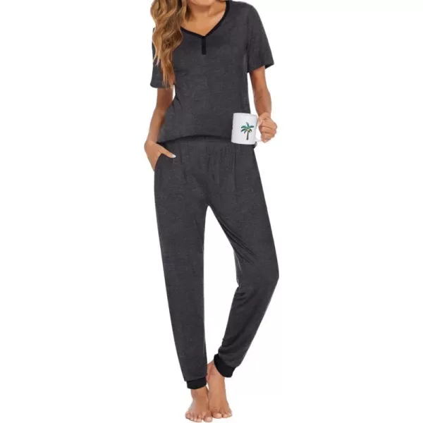 Ekouaer Pajamas Set Womens 2 Piece Lounge Set Short Sleeve Pjs Joggers Pants Sleepwear with PocketsDark Gray