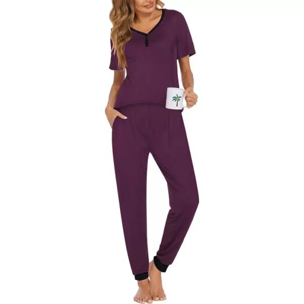 Ekouaer Pajamas Set Womens 2 Piece Lounge Set Short Sleeve Pjs Joggers Pants Sleepwear with PocketsDark Red