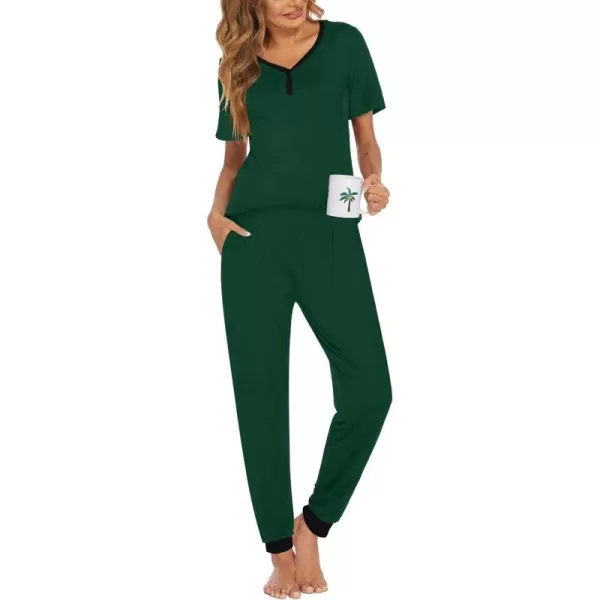 Ekouaer Pajamas Set Womens 2 Piece Lounge Set Short Sleeve Pjs Joggers Pants Sleepwear with PocketsGreen