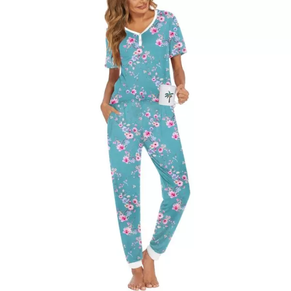 Ekouaer Pajamas Set Womens 2 Piece Lounge Set Short Sleeve Pjs Joggers Pants Sleepwear with PocketsPattern 11light Blue