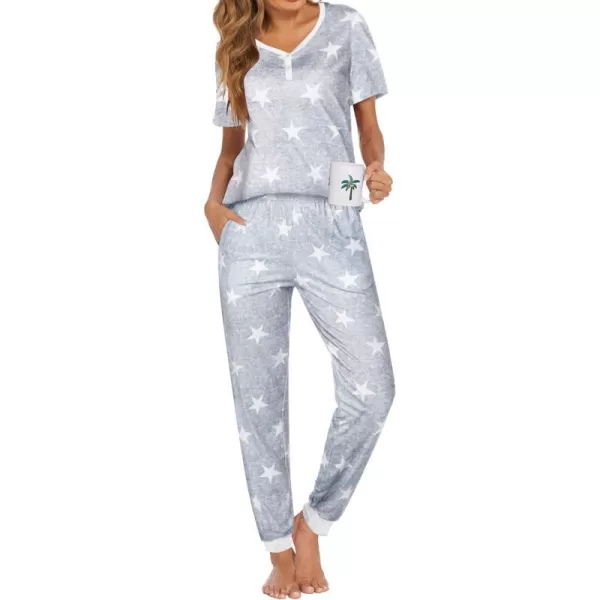 Ekouaer Pajamas Set Womens 2 Piece Lounge Set Short Sleeve Pjs Joggers Pants Sleepwear with PocketsPattern 1gray Star