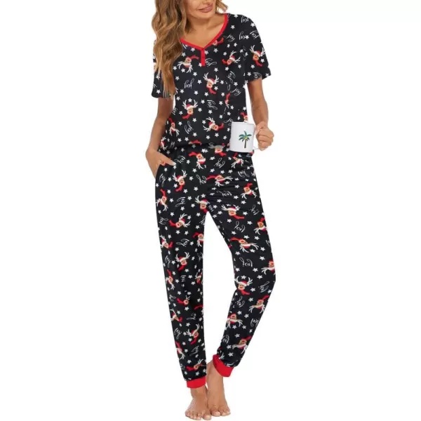 Ekouaer Pajamas Set Womens 2 Piece Lounge Set Short Sleeve Pjs Joggers Pants Sleepwear with PocketsPattern 8black Deer