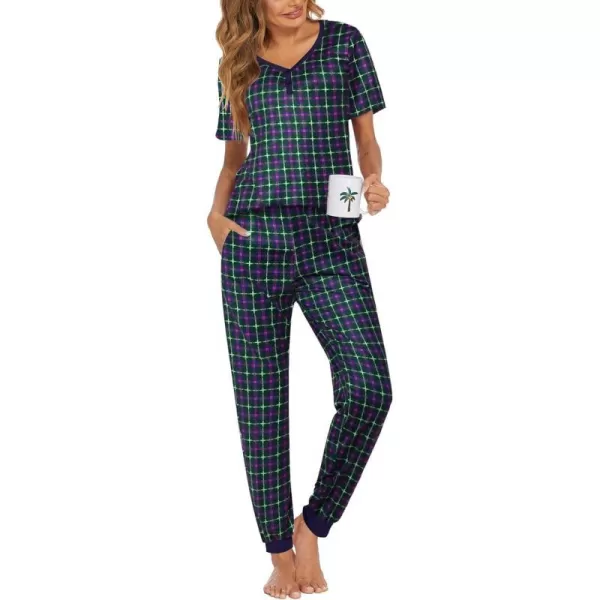 Ekouaer Pajamas Set Womens 2 Piece Lounge Set Short Sleeve Pjs Joggers Pants Sleepwear with PocketsPattern 9navy Blue Plaid