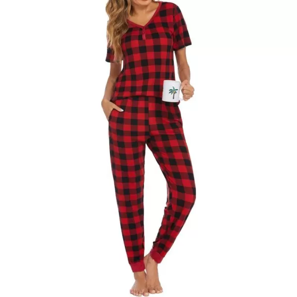 Ekouaer Pajamas Set Womens 2 Piece Lounge Set Short Sleeve Pjs Joggers Pants Sleepwear with PocketsPattern5red Big Plaid