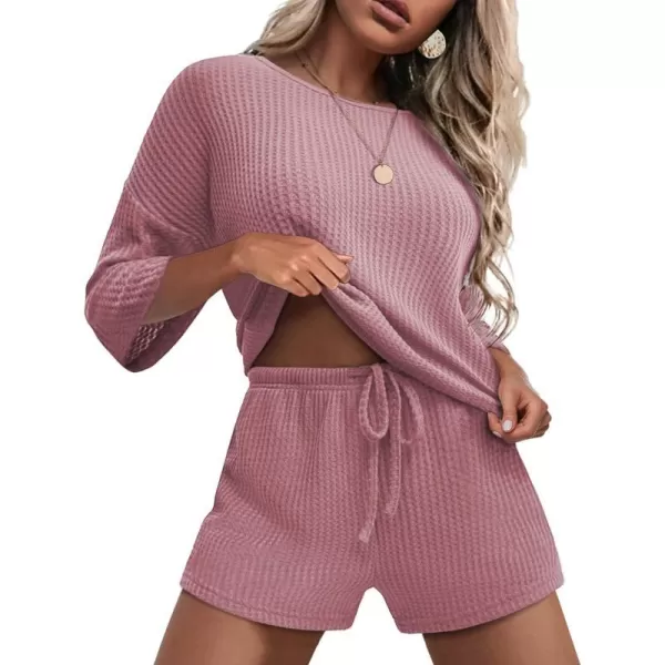 Ekouaer Pajamas Set for Women Half Sleeves Soft Waffle Knit 2 Piece Outfits Lounge Set with PocketsPink