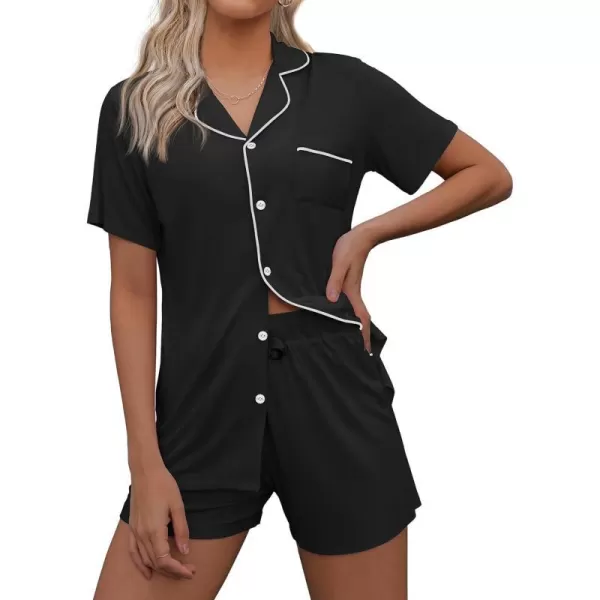 Ekouaer Pajamas Set for Women Short Sleeve Sleepwear Notch Collar Button Down Nightwear Soft Pjs Lounge SetAblack