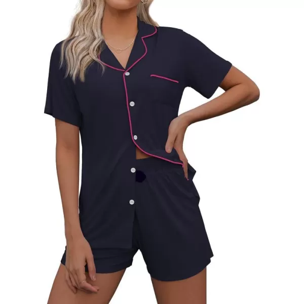 Ekouaer Pajamas Set for Women Short Sleeve Sleepwear Notch Collar Button Down Nightwear Soft Pjs Lounge SetAnavy Blue