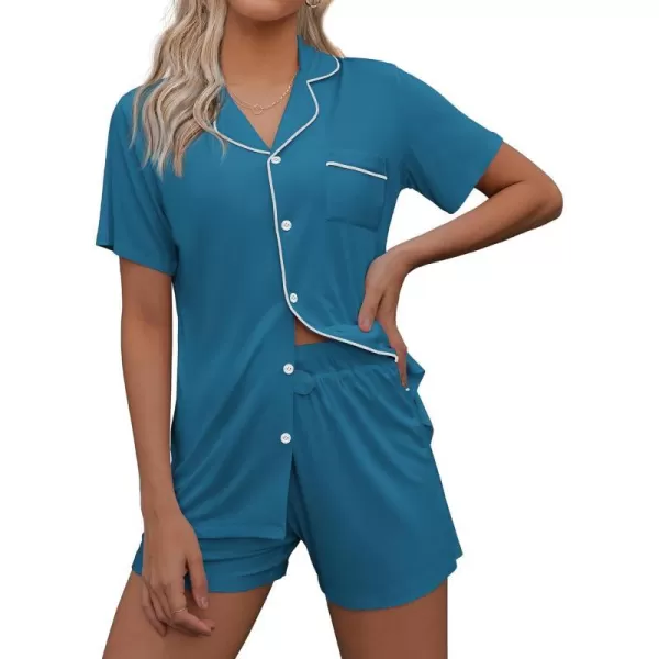 Ekouaer Pajamas Set for Women Short Sleeve Sleepwear Notch Collar Button Down Nightwear Soft Pjs Lounge SetBlue Green