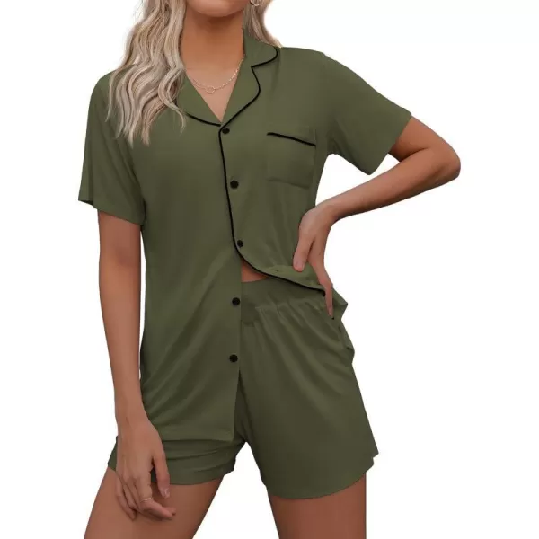 Ekouaer Pajamas Set for Women Short Sleeve Sleepwear Notch Collar Button Down Nightwear Soft Pjs Lounge SetCarmy Green