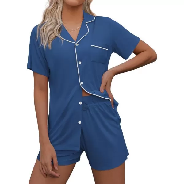 Ekouaer Pajamas Set for Women Short Sleeve Sleepwear Notch Collar Button Down Nightwear Soft Pjs Lounge SetClear Blue