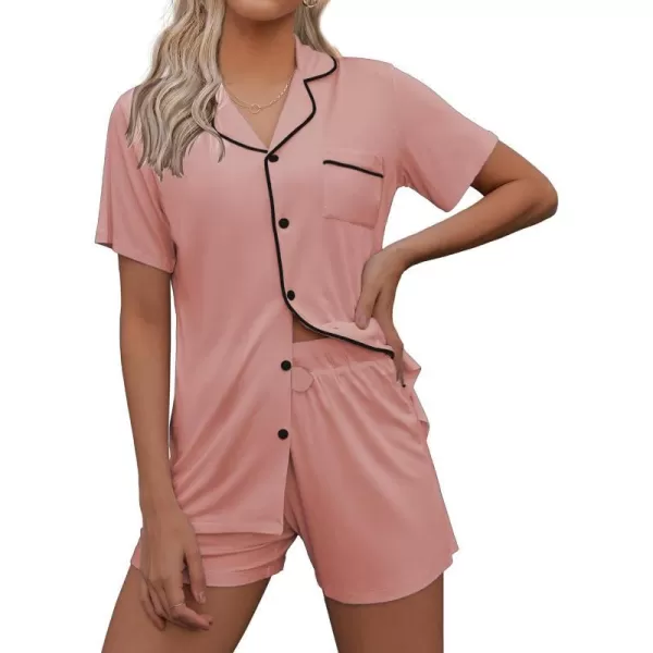 Ekouaer Pajamas Set for Women Short Sleeve Sleepwear Notch Collar Button Down Nightwear Soft Pjs Lounge SetDark Pink