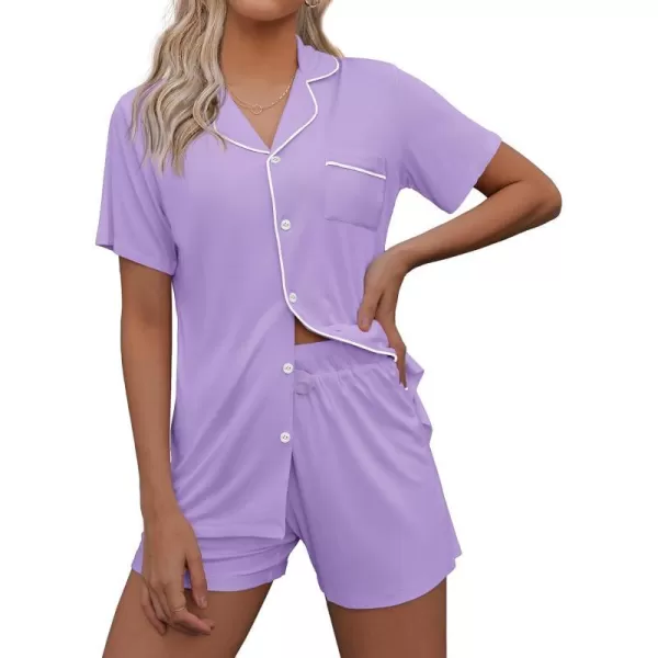 Ekouaer Pajamas Set for Women Short Sleeve Sleepwear Notch Collar Button Down Nightwear Soft Pjs Lounge SetLavender