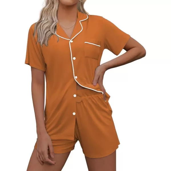 Ekouaer Pajamas Set for Women Short Sleeve Sleepwear Notch Collar Button Down Nightwear Soft Pjs Lounge SetLight Brown