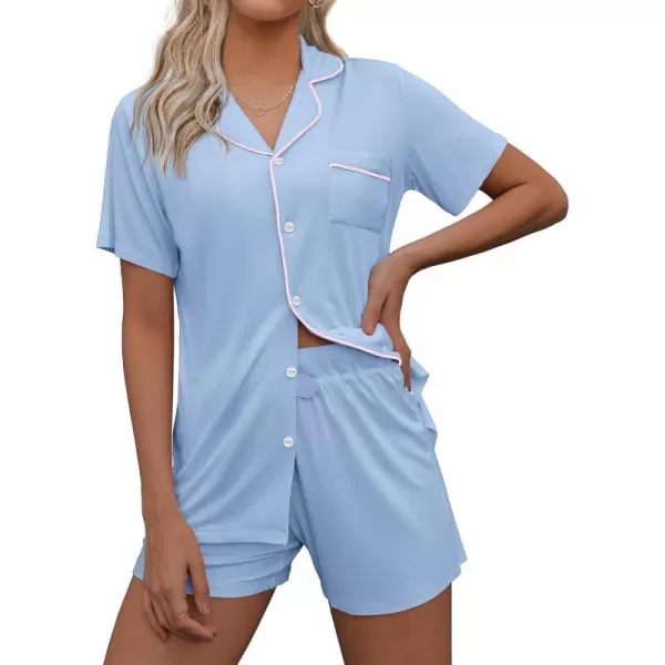 Ekouaer Pajamas Set for Women Short Sleeve Sleepwear Notch Collar Button Down Nightwear Soft Pjs Lounge SetLight Sky Blue