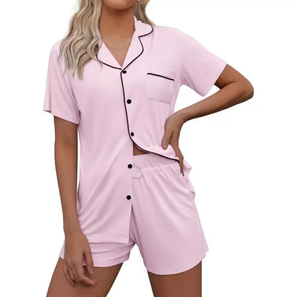 Ekouaer Pajamas Set for Women Short Sleeve Sleepwear Notch Collar Button Down Nightwear Soft Pjs Lounge SetMisty Rose