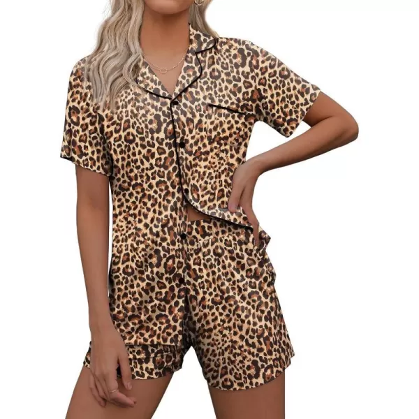 Ekouaer Pajamas Set for Women Short Sleeve Sleepwear Notch Collar Button Down Nightwear Soft Pjs Lounge SetPat15leopard