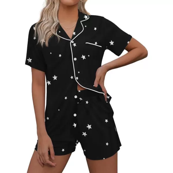 Ekouaer Pajamas Set for Women Short Sleeve Sleepwear Notch Collar Button Down Nightwear Soft Pjs Lounge SetPat27black With Stars