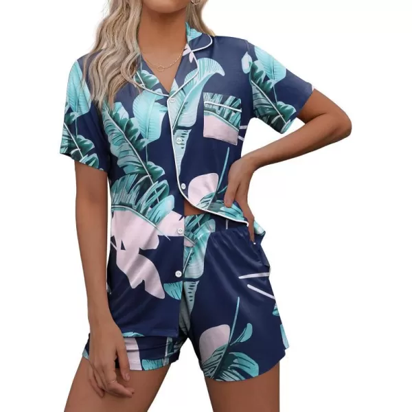 Ekouaer Pajamas Set for Women Short Sleeve Sleepwear Notch Collar Button Down Nightwear Soft Pjs Lounge SetPat2navy Leaves