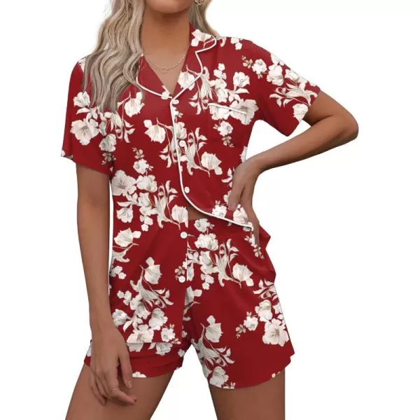 Ekouaer Pajamas Set for Women Short Sleeve Sleepwear Notch Collar Button Down Nightwear Soft Pjs Lounge SetPat34 Red Floral