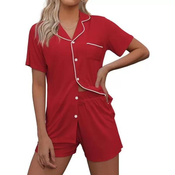 Ekouaer Pajamas Set for Women Short Sleeve Sleepwear Notch Collar Button Down Nightwear Soft Pjs Lounge SetRed