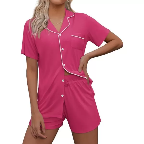 Ekouaer Pajamas Set for Women Short Sleeve Sleepwear Notch Collar Button Down Nightwear Soft Pjs Lounge SetRose Red