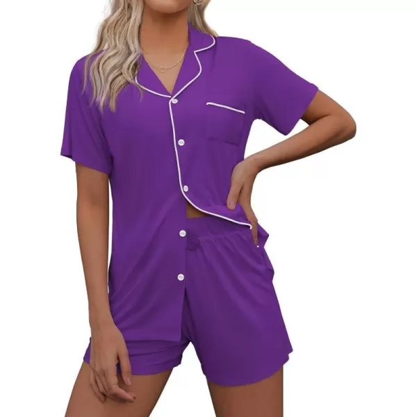 Ekouaer Pajamas Set for Women Short Sleeve Sleepwear Notch Collar Button Down Nightwear Soft Pjs Lounge SetWineberry