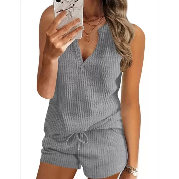 Ekouaer Pajamas Tank Top Lounge Sets Waffle Knit V Neck Sleeveless Outfits Sets Sleepwear Loungewear for WomenLight Grey