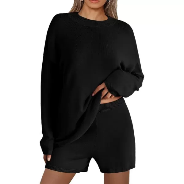 Ekouaer Pajamas Womens 2 Piece Lounge Set Cozy Knit Long Sleeve Sweater Shorts Set Oversized Matching Outfits SXXLBlack