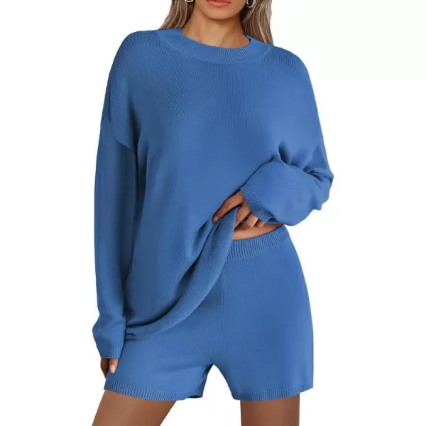 Ekouaer Pajamas Womens 2 Piece Lounge Set Cozy Knit Long Sleeve Sweater Shorts Set Oversized Matching Outfits SXXLBlue