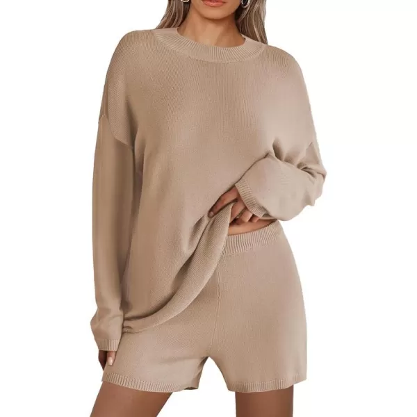 Ekouaer Pajamas Womens 2 Piece Lounge Set Cozy Knit Long Sleeve Sweater Shorts Set Oversized Matching Outfits SXXLKhaki