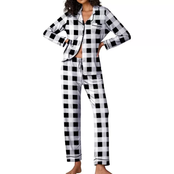 Ekouaer Pajamas Womens Long Sleeve Sleepwear Soft Button Down Loungewear Pjs Lounge Set Nightwear XSXXLBlack and White Plaid