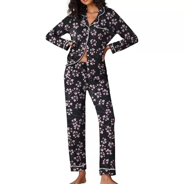 Ekouaer Pajamas Womens Long Sleeve Sleepwear Soft Button Down Loungewear Pjs Lounge Set Nightwear XSXXLFloral44  Gypsophila Black