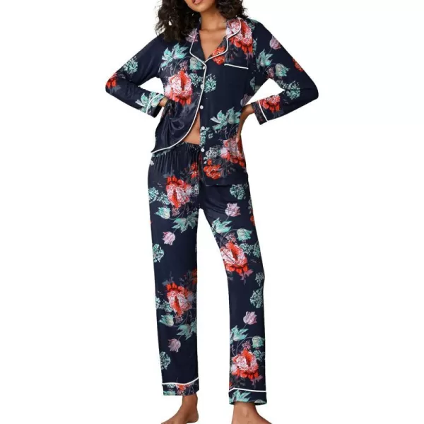 Ekouaer Pajamas Womens Long Sleeve Sleepwear Soft Button Down Loungewear Pjs Lounge Set Nightwear XSXXLFloral45  Navy Blue