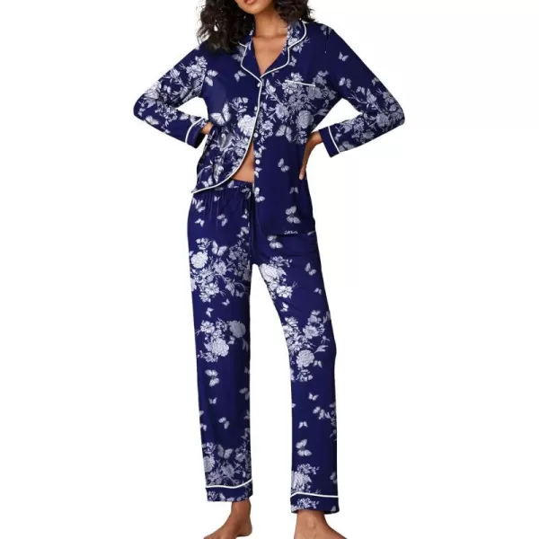 Ekouaer Pajamas Womens Long Sleeve Sleepwear Soft Button Down Loungewear Pjs Lounge Set Nightwear XSXXLFloral47  Navy With White