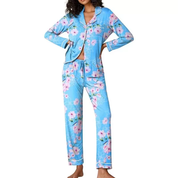 Ekouaer Pajamas Womens Long Sleeve Sleepwear Soft Button Down Loungewear Pjs Lounge Set Nightwear XSXXLFloral48  Light Blue