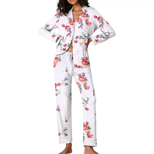 Ekouaer Pajamas Womens Long Sleeve Sleepwear Soft Button Down Loungewear Pjs Lounge Set Nightwear XSXXLFloral48  White