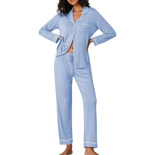 Ekouaer Pajamas Womens Long Sleeve Sleepwear Soft Button Down Loungewear Pjs Lounge Set Nightwear XSXXLLight Grey Blue