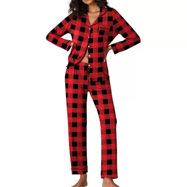 Ekouaer Pajamas Womens Long Sleeve Sleepwear Soft Button Down Loungewear Pjs Lounge Set Nightwear XSXXLPlaid26 Black amp Red