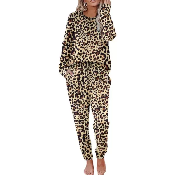 Ekouaer Pajamas Womens Long Sleeve Sleepwear with Long Pants Soft Loungewear Pj Set XS3XLApricot Leopard Print