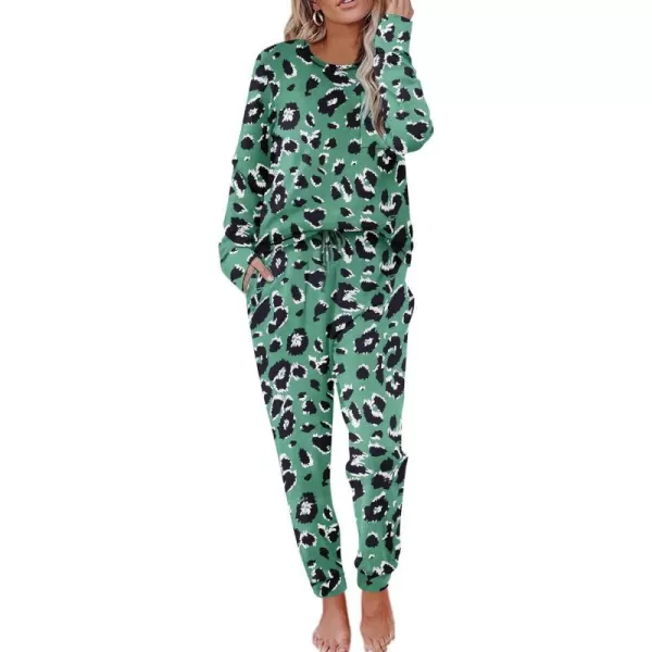 Ekouaer Pajamas Womens Long Sleeve Sleepwear with Long Pants Soft Loungewear Pj Set XS3XLGreen Leopardprint