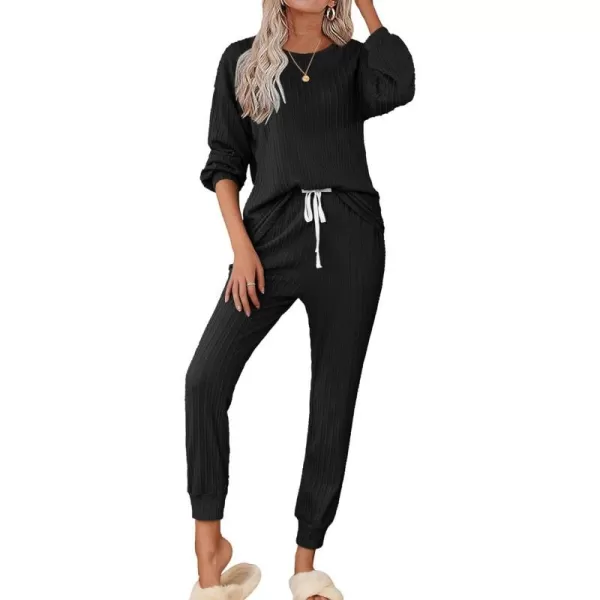 Ekouaer Pajamas Womens Ribbed Knit 2 Piece Matching Lounge Sets Long Sleeve Pullover Top and Pants Sleepwear Tracksuit SXXLBlack