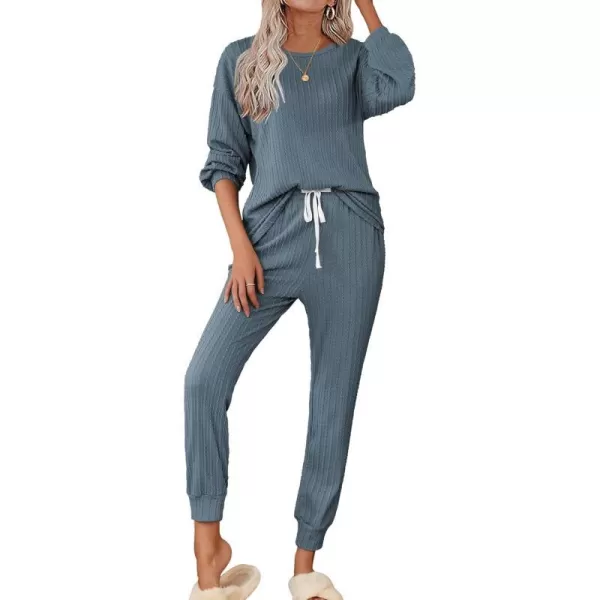 Ekouaer Pajamas Womens Ribbed Knit 2 Piece Matching Lounge Sets Long Sleeve Pullover Top and Pants Sleepwear Tracksuit SXXLDark Blue